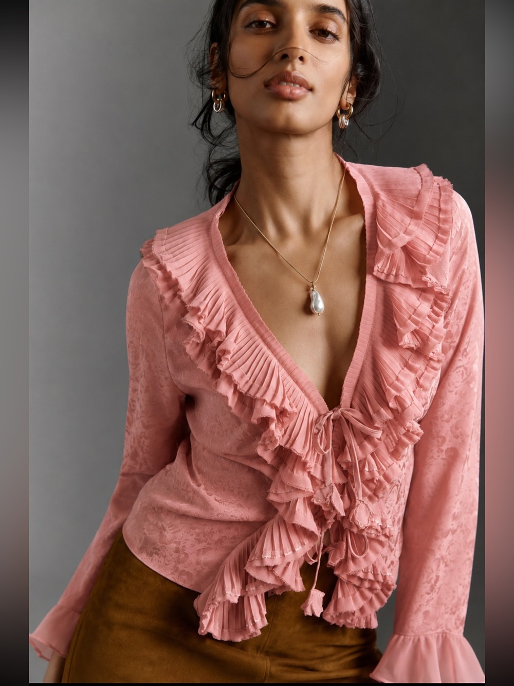 NWOT Anthropologie En Saison Annalis Pink Ruffle Tie-Front V-Neck Blouse